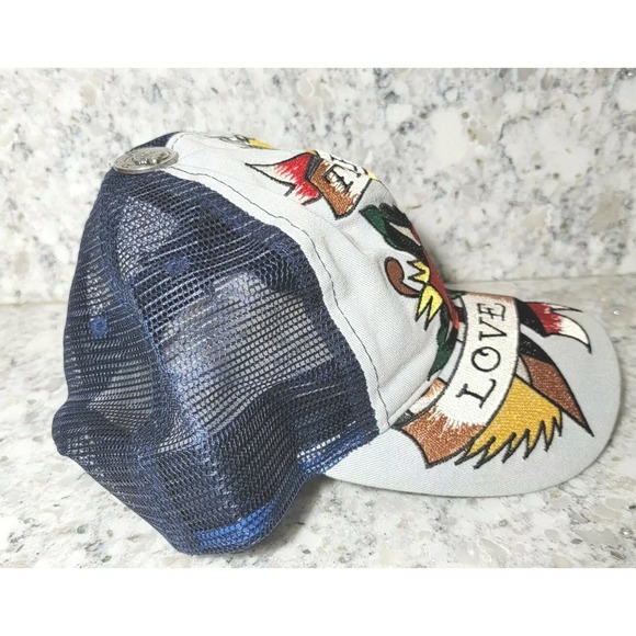 Don Ed Hardy Mesh Trucker Hat Cap True to My Love Two Tone Denim Gray Vintage - Picture 5 of 8